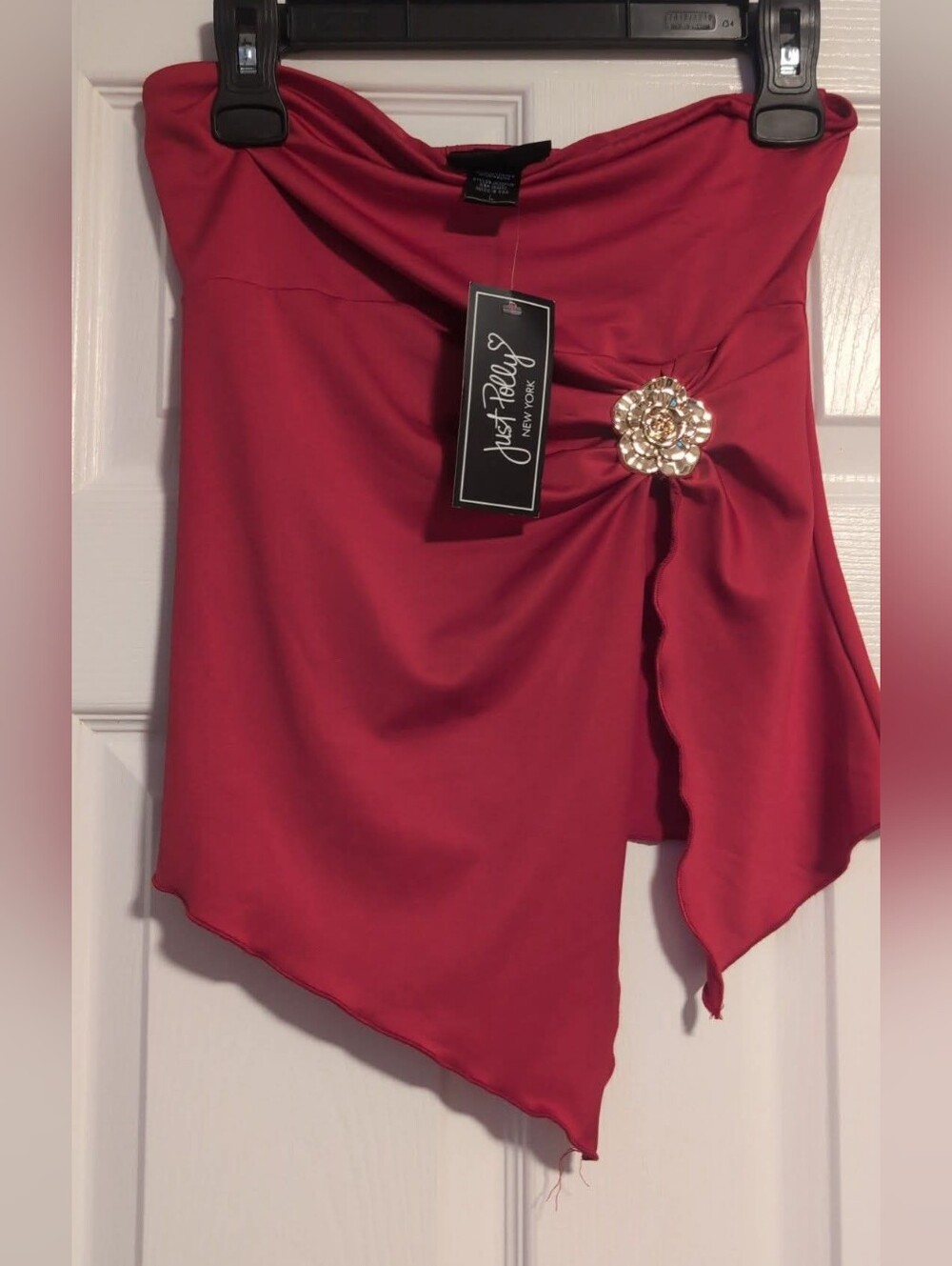 Just Polly NY Pink Ruched Strapless Tube Top Rhinestone Flower Asymmetric